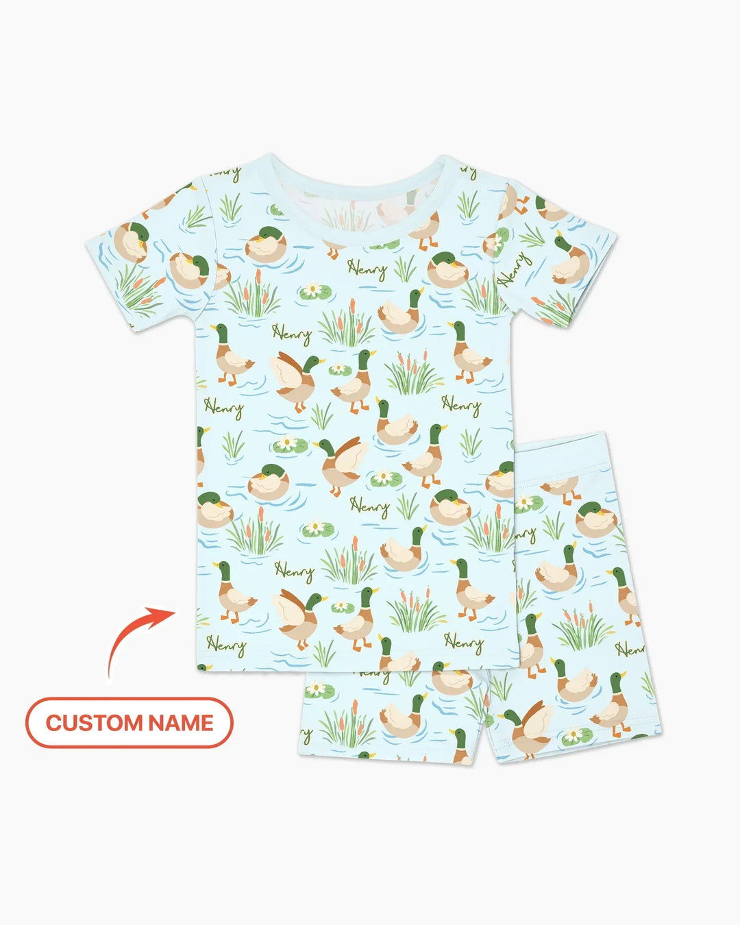 Conjunto de pijama de dos piezas de bambú de manga corta con pantalón corto y pato Mallard personalizado