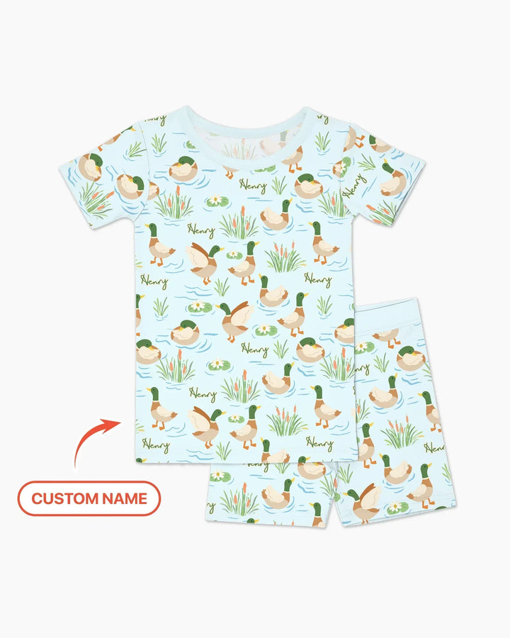 Conjunto de pijama de dos piezas de bambú de manga corta con pantalón corto y pato Mallard personalizado
