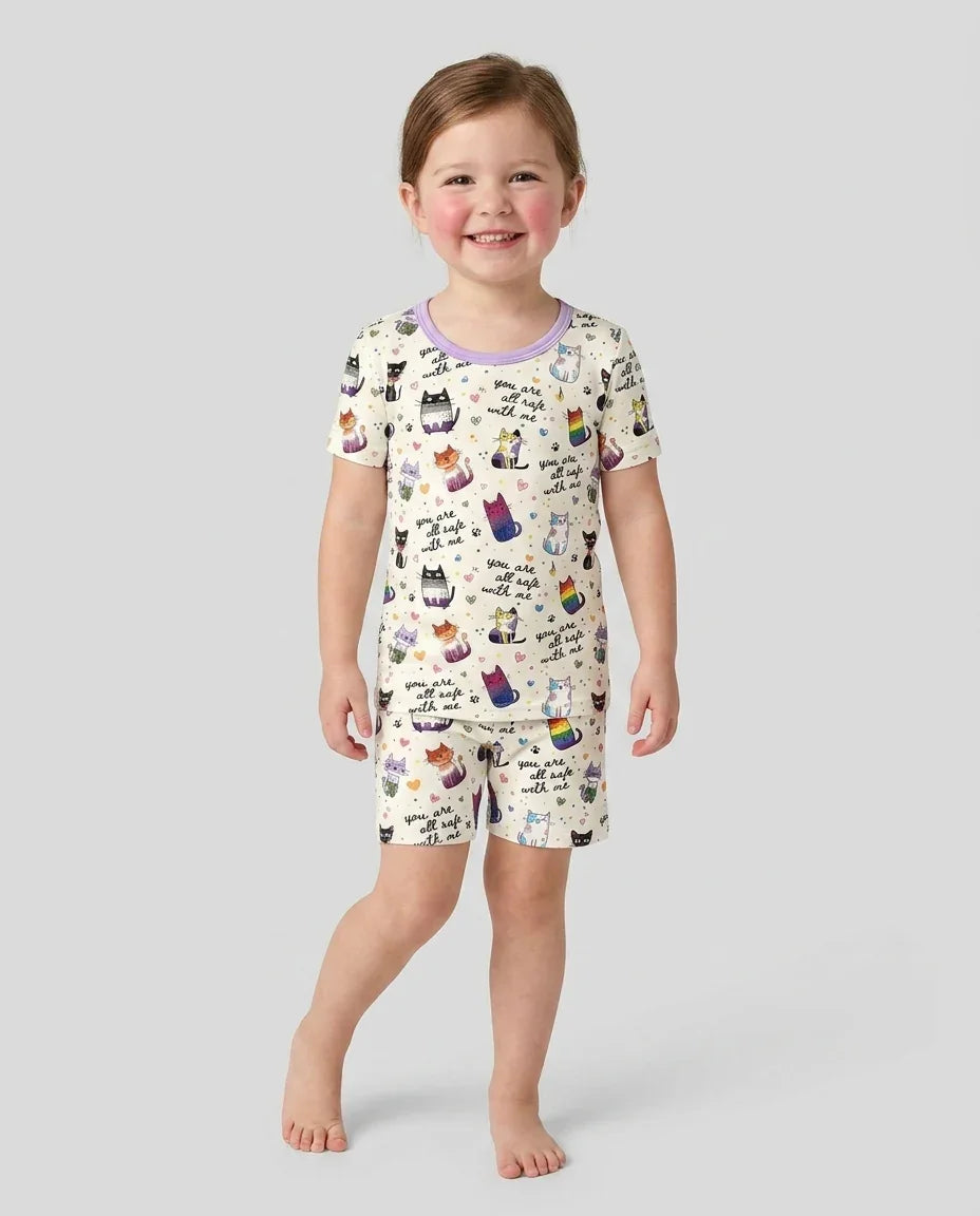 Loved & Safe Kitties Family Matching Bamboo Two Piece Short Sleeve Shorts Pajama Set