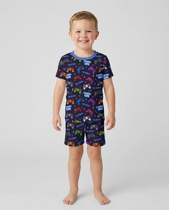 Custom Name Game On Family Matching Bamboo Two Piece Short Sleeve Shorts Pajama Set