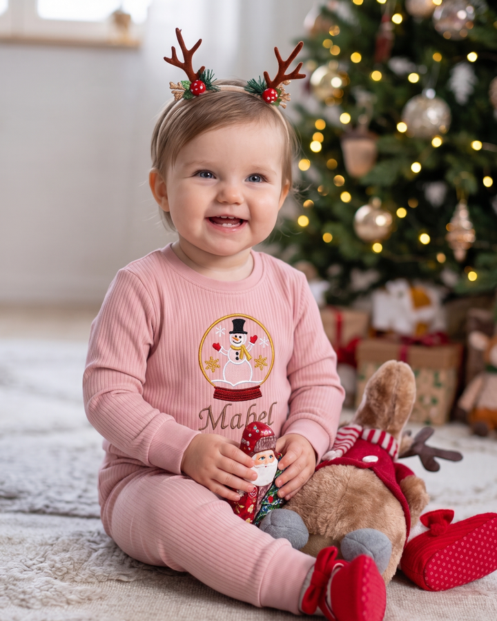 Festive Snow Globe Embroidered Ribbed Bamboo Two Piece Long Sleeve Pajama Set