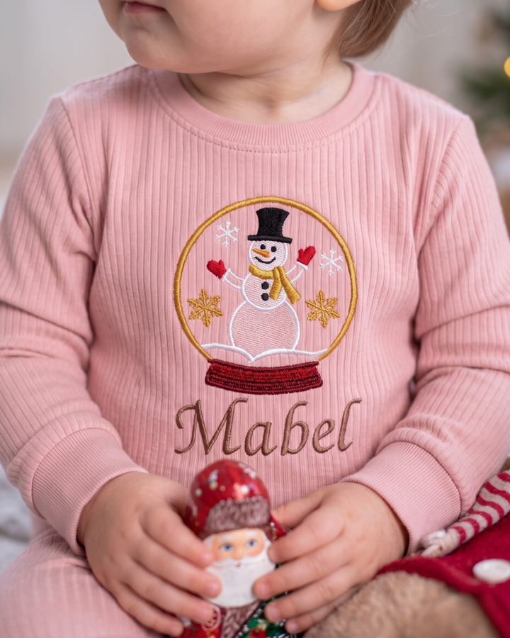 Festive Snow Globe Embroidered Ribbed Bamboo Two Piece Long Sleeve Pajama Set