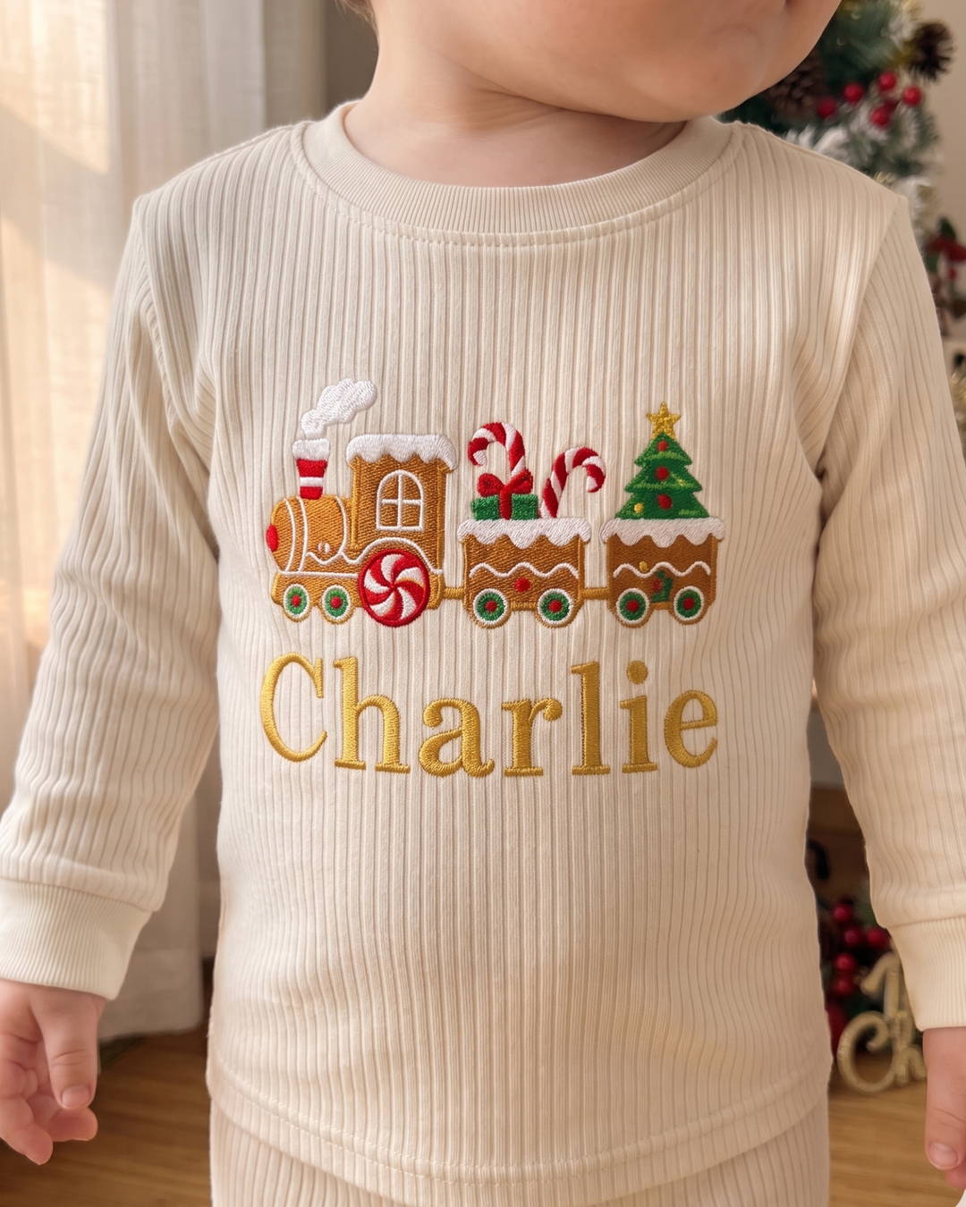 Gingerbread Train Embroidered Ribbed Bamboo Two Piece Long Sleeve Pajama Set
