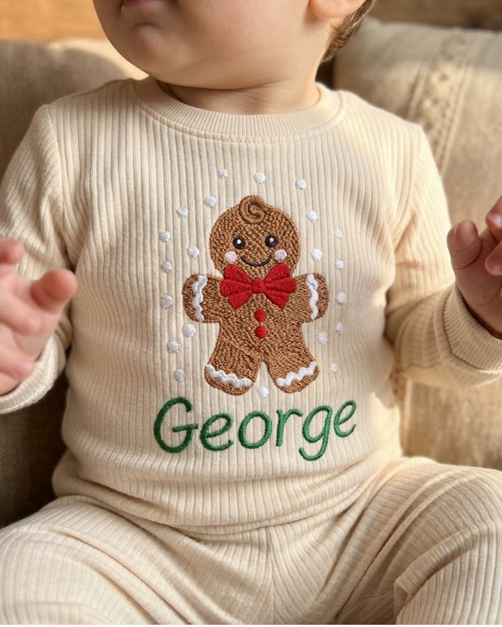 Christmas Gingerbread Man Embroidered Ribbed Bamboo Two Piece Long Sleeve Pajama Set