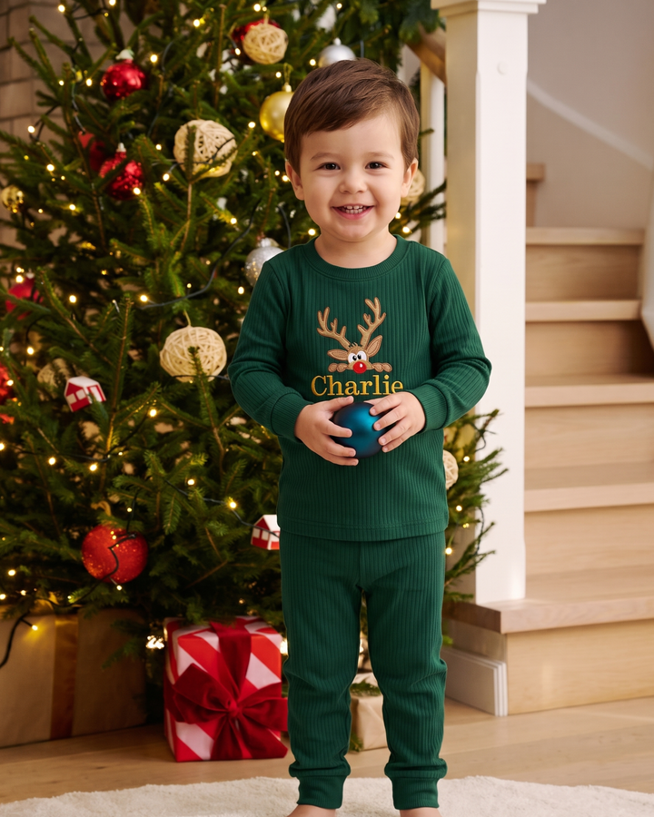 Christmas Reindeer Embroidered Ribbed Bamboo Two Piece Long Sleeve Pajama Set