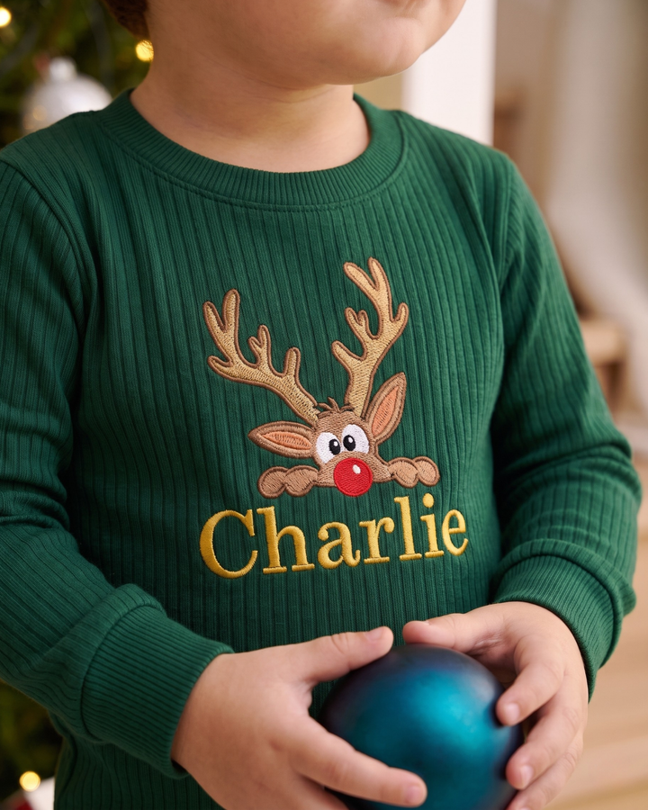 Christmas Reindeer Embroidered Ribbed Bamboo Two Piece Long Sleeve Pajama Set