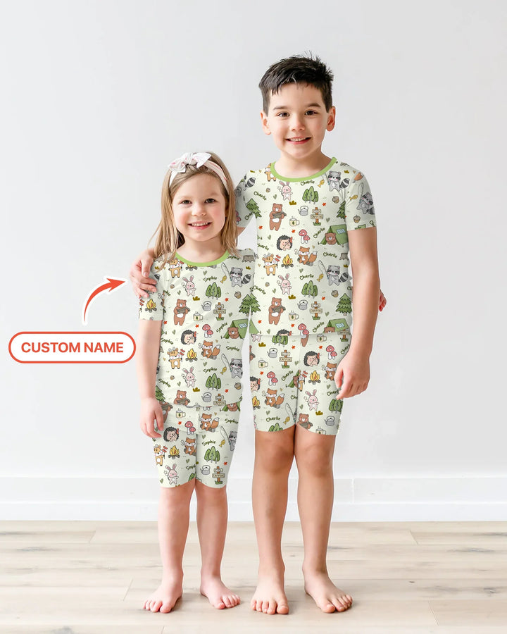 Custom Name Little Camp Buddies Bamboo Two Piece Short Sleeve Shorts Pajama Set