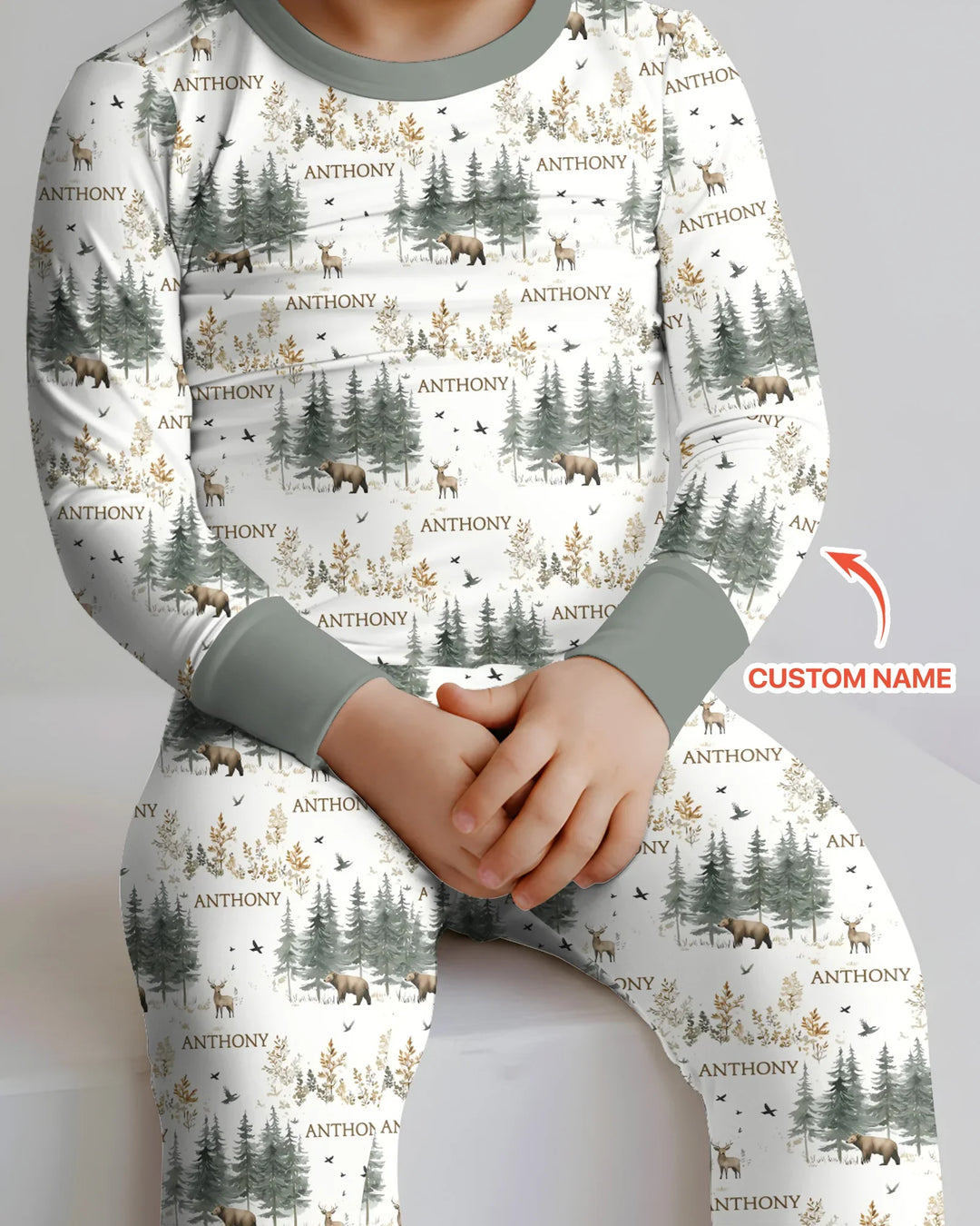 Custom Name Forest Bear Deer Bamboo Two Piece Long Sleeve Pajama Set