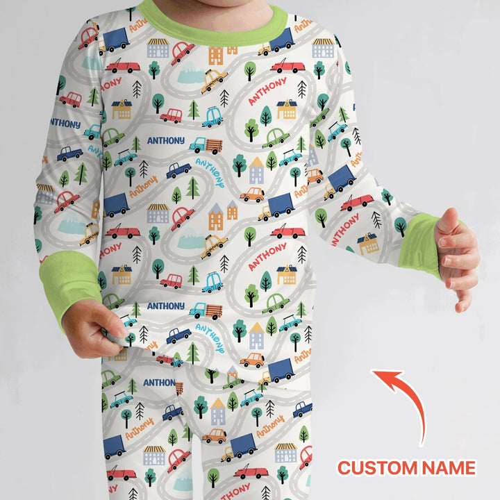 Custom Name Road Map Two Piece Long Sleeve Pajama Set