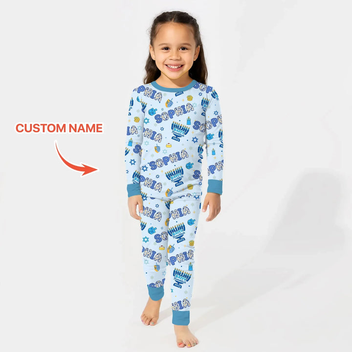 Custom name Happy Hanukkah 2025 Two Piece Long Sleeve Pajama Set