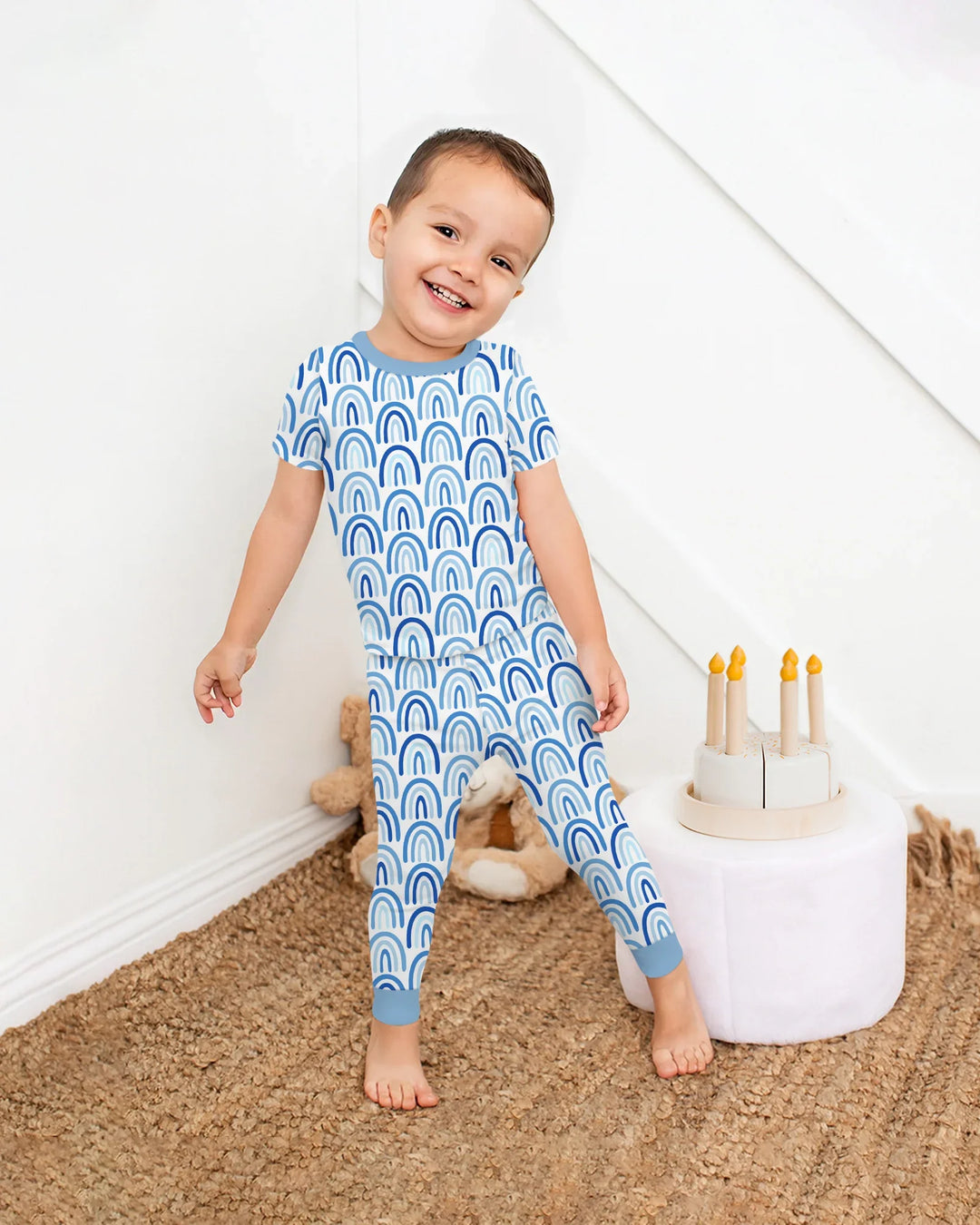 Sky Blue Rainbows Bamboo Two Piece Short Sleeve Pajama Set