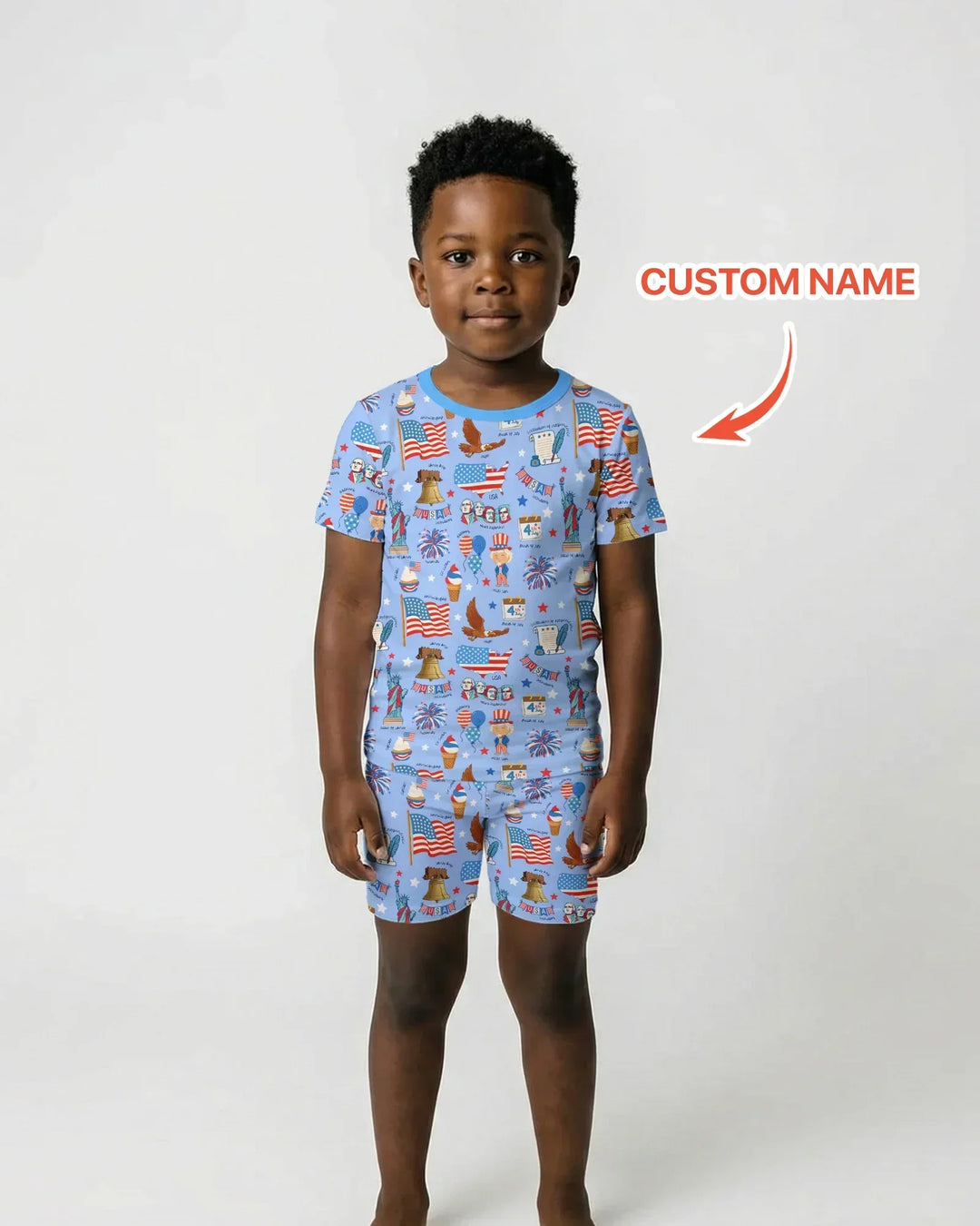 Conjunto de pijama de dos piezas de bambú, pantalón corto y manga corta, con diseño patriótico dibujado a mano