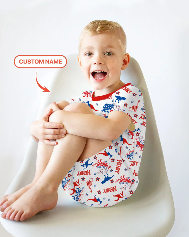 Custom Name Patriotic Dinosaur Bamboo Two Piece Short Sleeve Shorts Pajama Set
