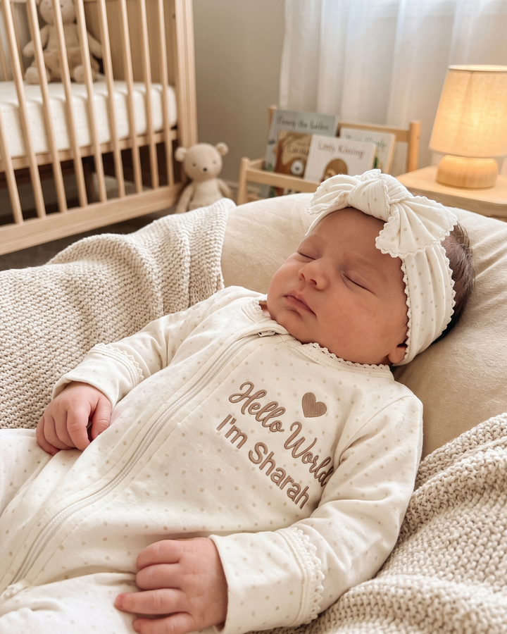 Hello World Embroidered Picot Trim Bamboo Zippered Footie Romper