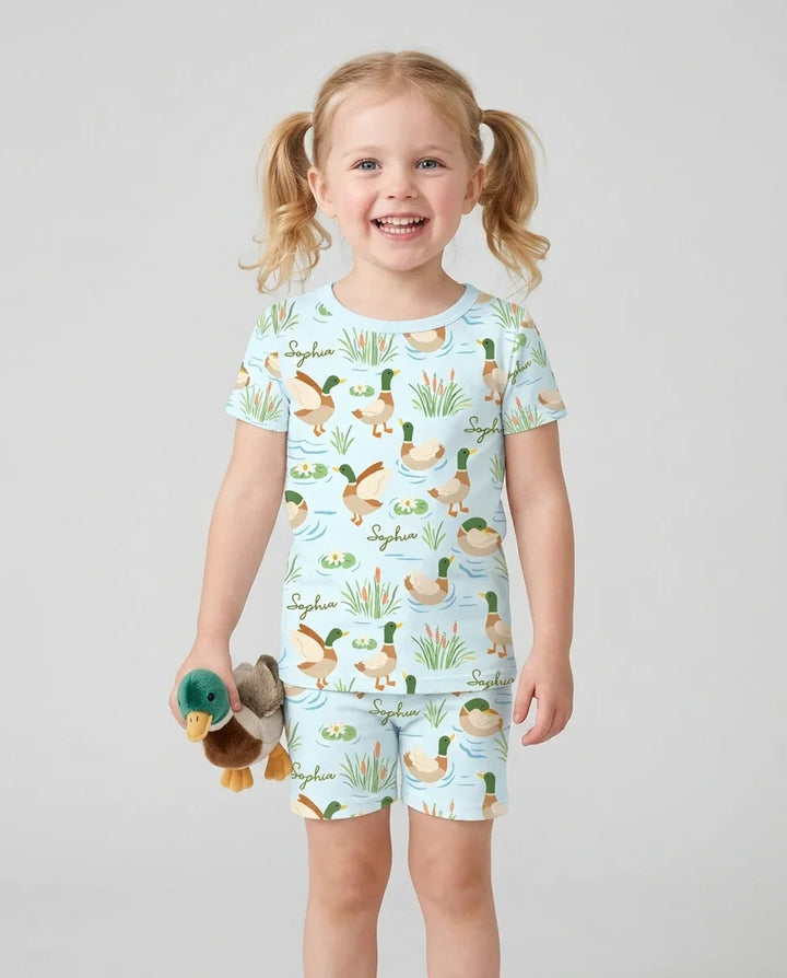 Conjunto de pijama de dos piezas de bambú de manga corta con pantalón corto y pato Mallard personalizado