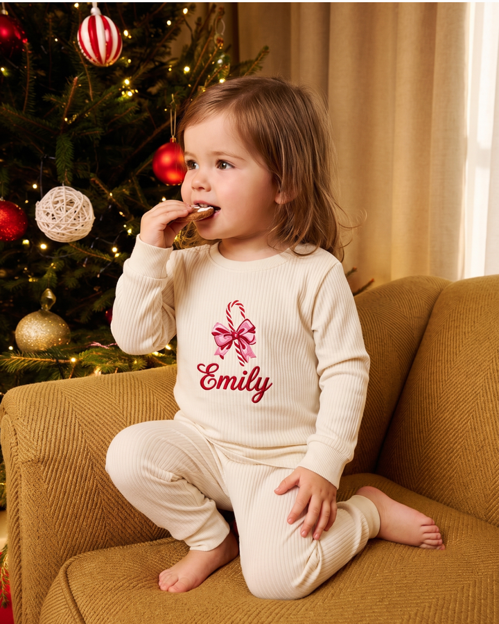 Sweet Candy Cane Embroidered Ribbed Bamboo Two Piece Long Sleeve Pajama Set