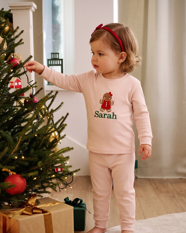 Cutie Christmas Cookies Embroidered Ribbed Bamboo Two Piece Long Sleeve Pajama Set