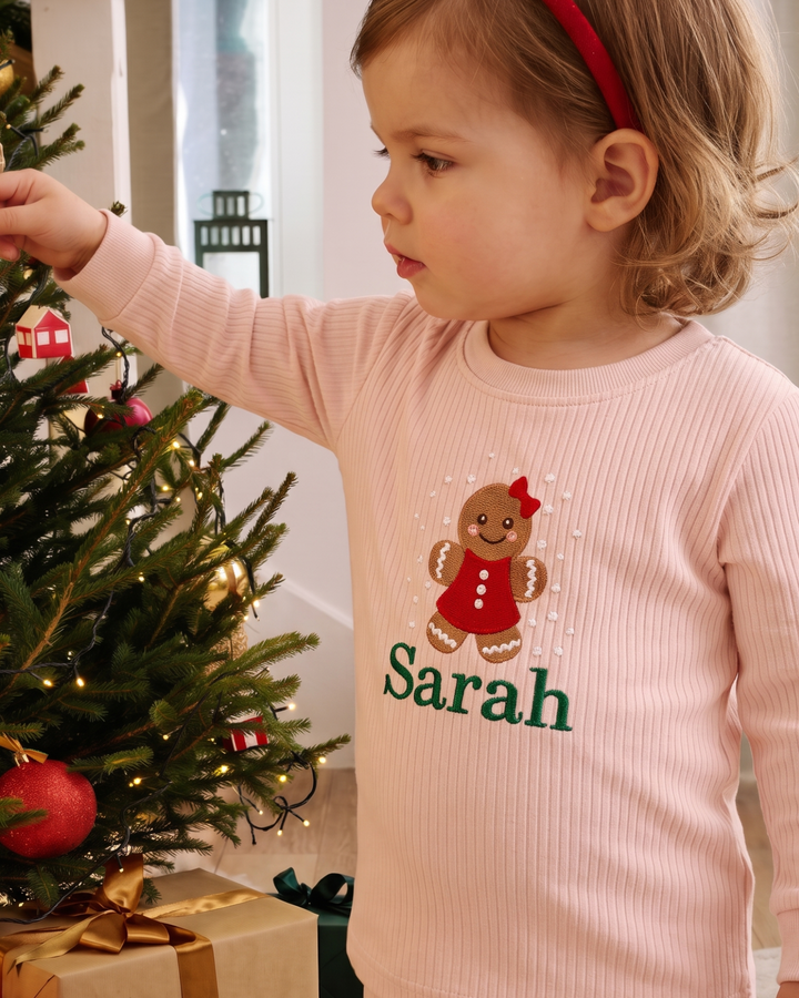Cutie Christmas Cookies Embroidered Ribbed Bamboo Two Piece Long Sleeve Pajama Set