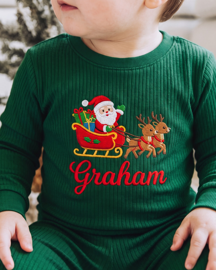 Santa’s Reindeer Sleigh Embroidered Ribbed Bamboo Two Piece Long Sleeve Pajama Set