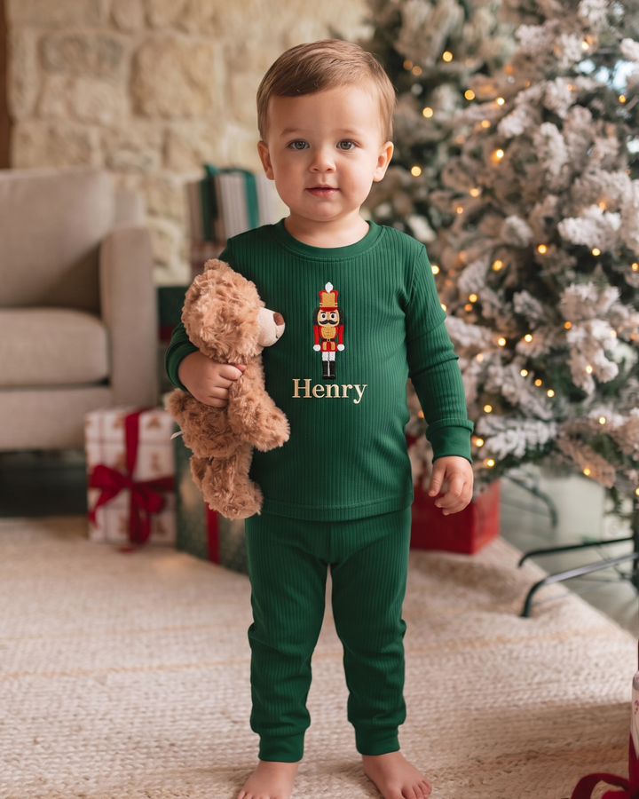 Festive Nutcracker Embroidered Ribbed Bamboo Two Piece Long Sleeve Pajama Set