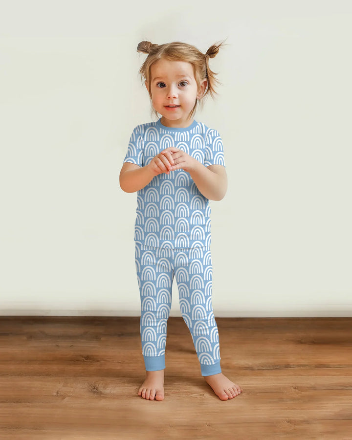 Sky Blue Rainbows Bamboo Two Piece Short Sleeve Pajama Set