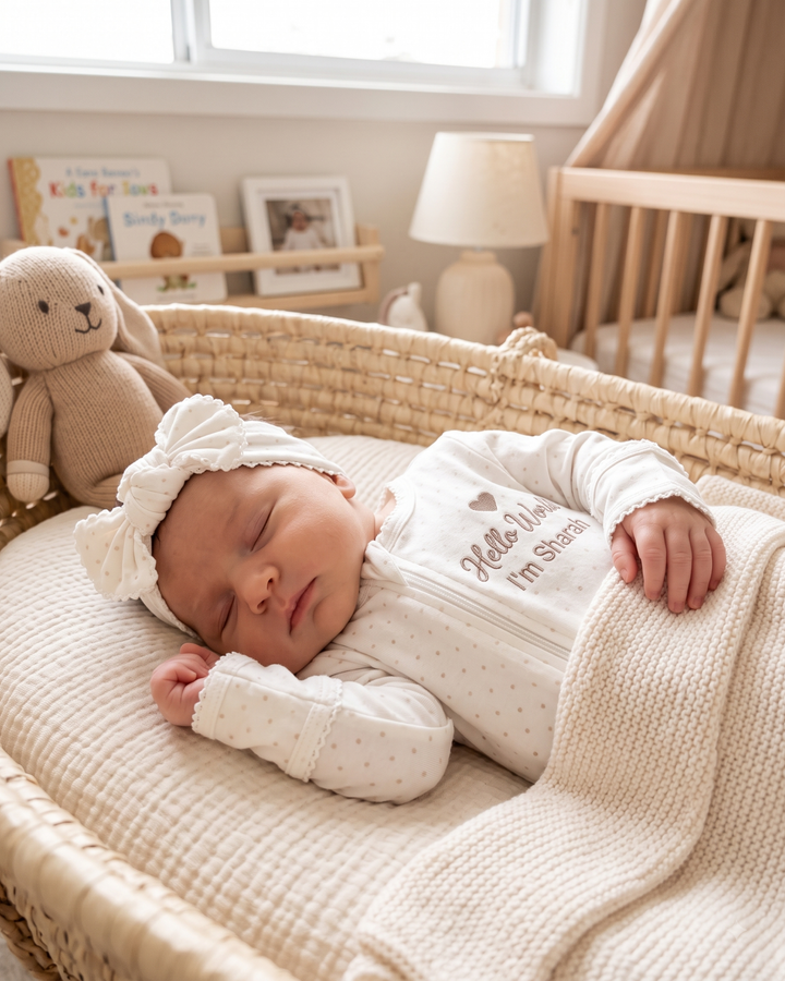 Hello World Embroidered Picot Trim Bamboo Zippered Footie Romper