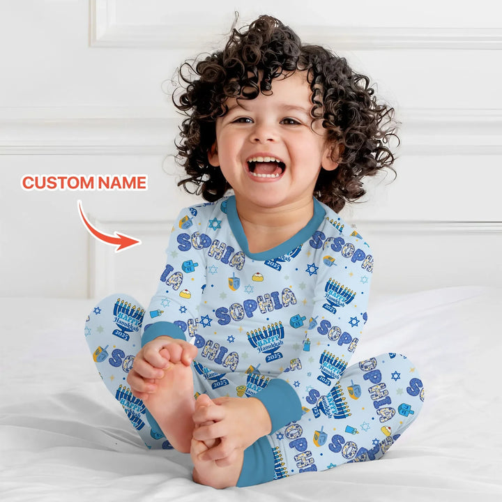 Custom name Happy Hanukkah 2025 Two Piece Long Sleeve Pajama Set