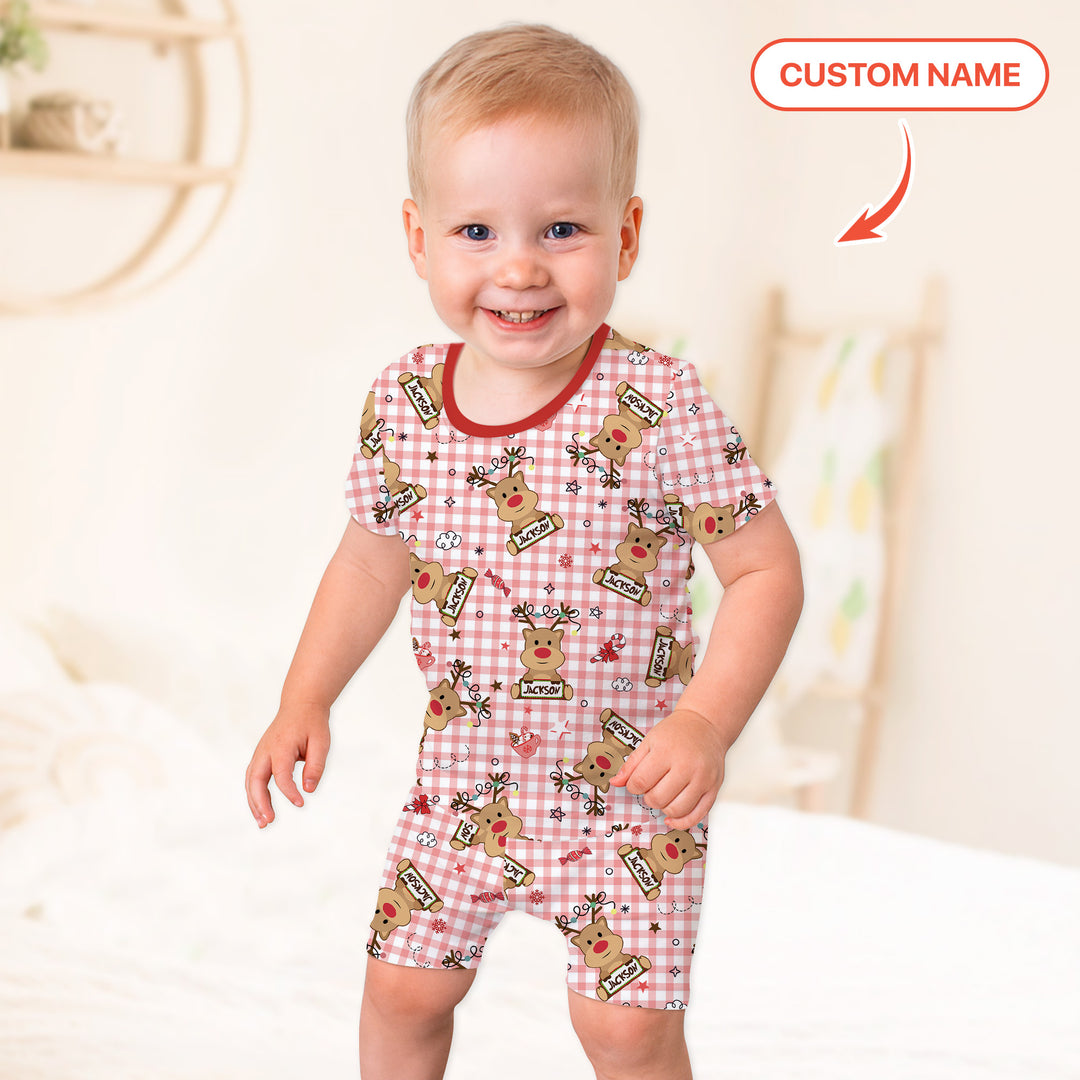 Custom Name Reindeer Gingham Two Piece Short Sleeve Shorts Pajama Set
