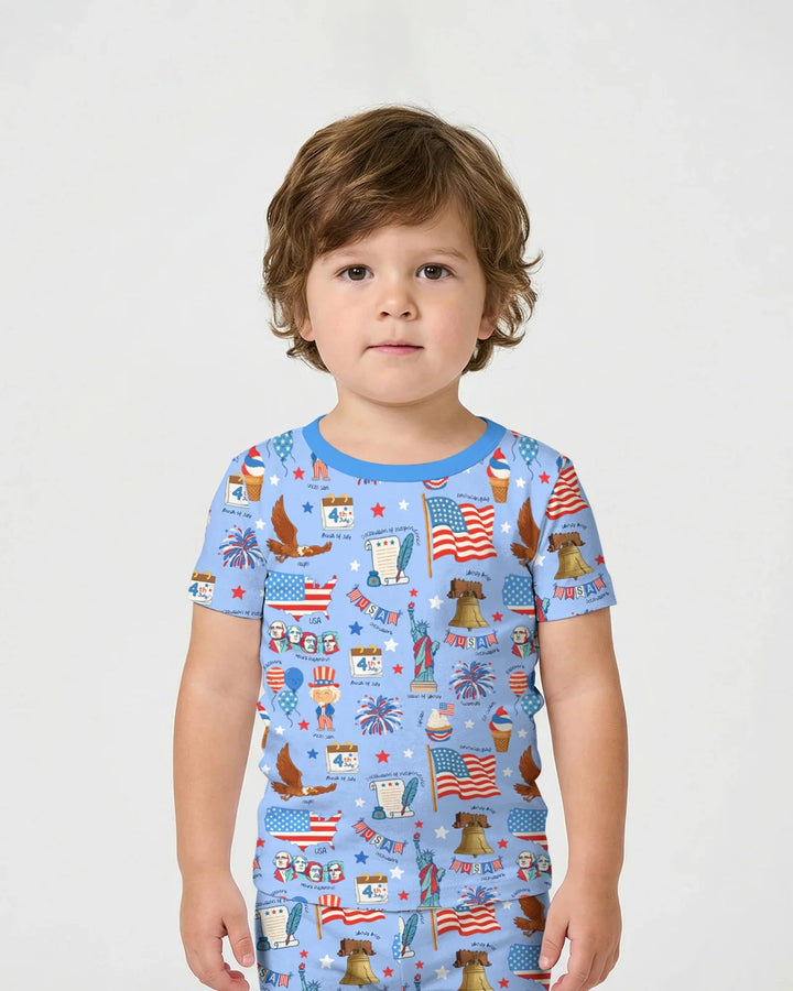 Conjunto de pijama de dos piezas de bambú, pantalón corto y manga corta, con diseño patriótico dibujado a mano