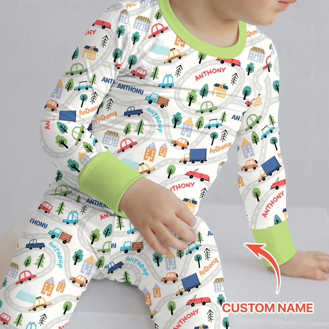 Custom Name Road Map Two Piece Long Sleeve Pajama Set
