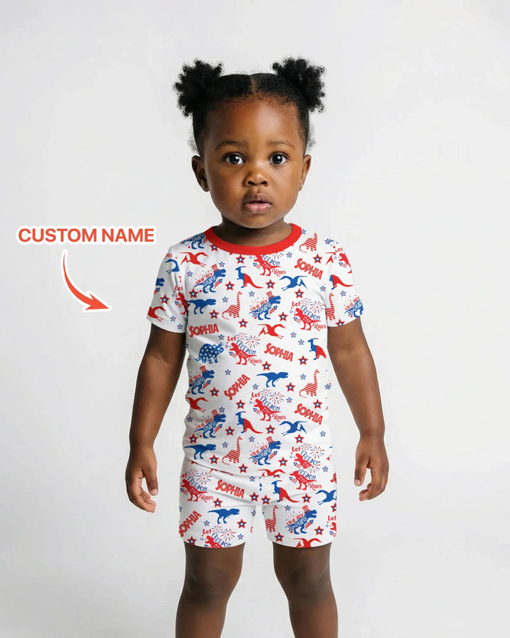 Custom Name Patriotic Dinosaur Bamboo Two Piece Short Sleeve Shorts Pajama Set