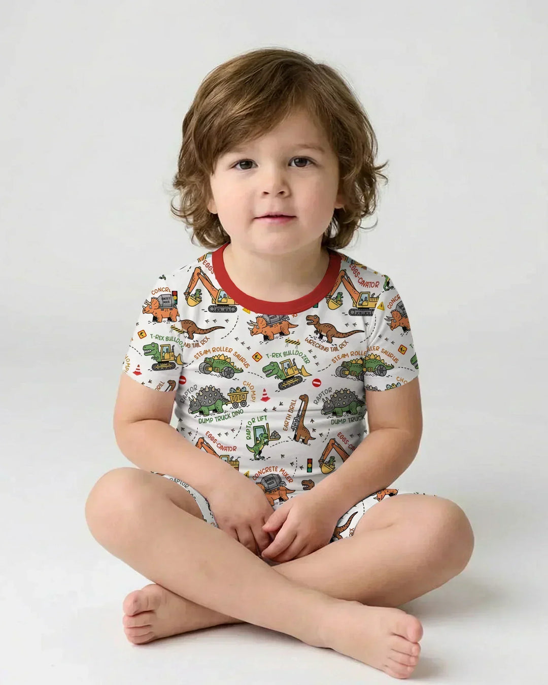 Conjunto de pijama de dos piezas de bambú con camión de construcción de dinosaurios, camiseta de manga corta y pantalón corto