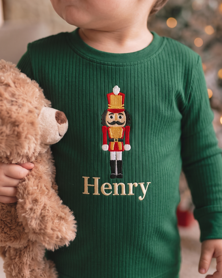 Festive Nutcracker Embroidered Ribbed Bamboo Two Piece Long Sleeve Pajama Set
