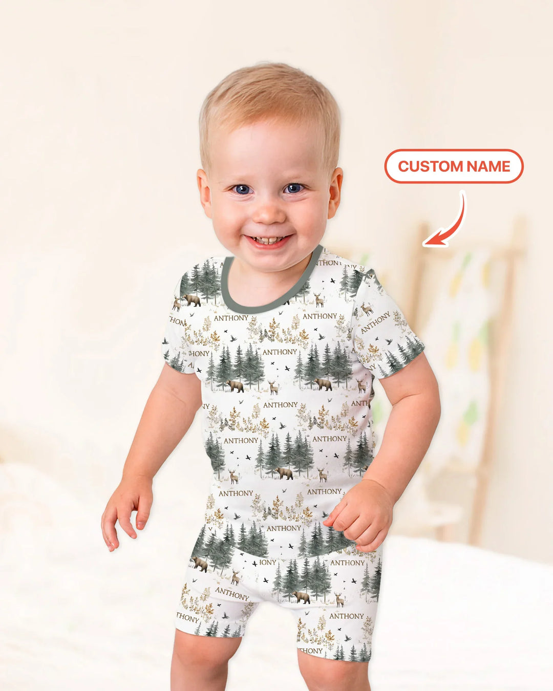 Conjunto de pijama de dos piezas con pantalones cortos y manga corta, oso de bosque, ciervo, bambú, nombre personalizado