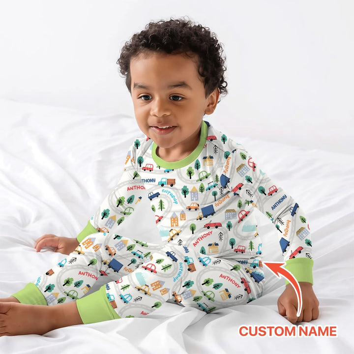 Custom Name Road Map Two Piece Long Sleeve Pajama Set