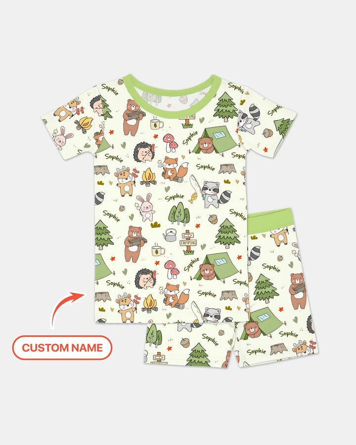 Custom Name Little Camp Buddies Bamboo Two Piece Short Sleeve Shorts Pajama Set