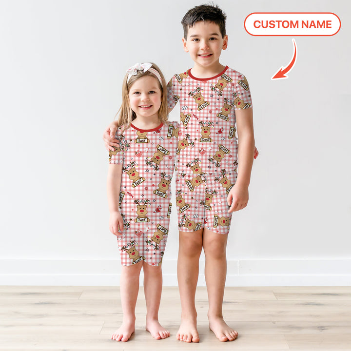 Custom Name Reindeer Gingham Two Piece Short Sleeve Shorts Pajama Set