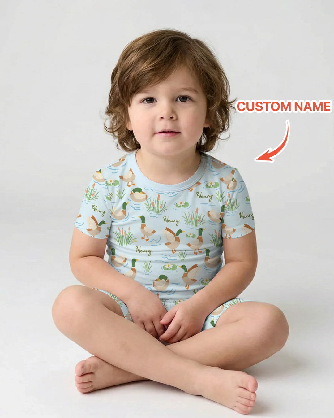 Conjunto de pijama de dos piezas de bambú de manga corta con pantalón corto y pato Mallard personalizado