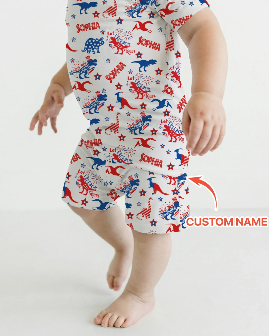 Custom Name Patriotic Dinosaur Bamboo Two Piece Short Sleeve Shorts Pajama Set