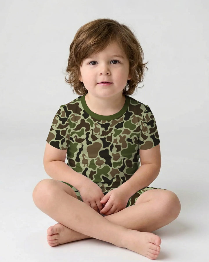 Mallard Duck Hunting Camouflage Bamboo Two Piece Short Sleeve Shorts Pajama Set