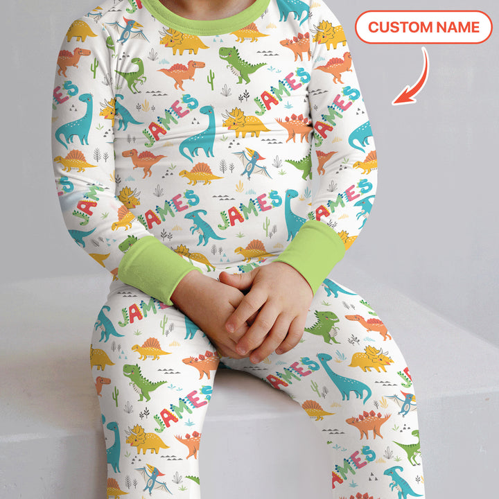 Dino Adventure Custom Name Two Piece Long Sleeve Pajama Set