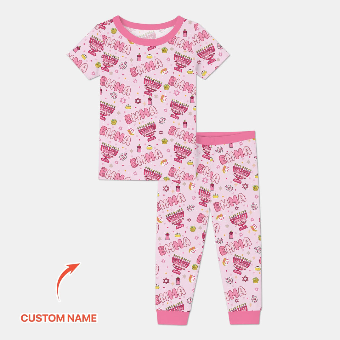 Custom name Happy Hanukkah 2025 Two Piece Short Sleeve Pajama Set