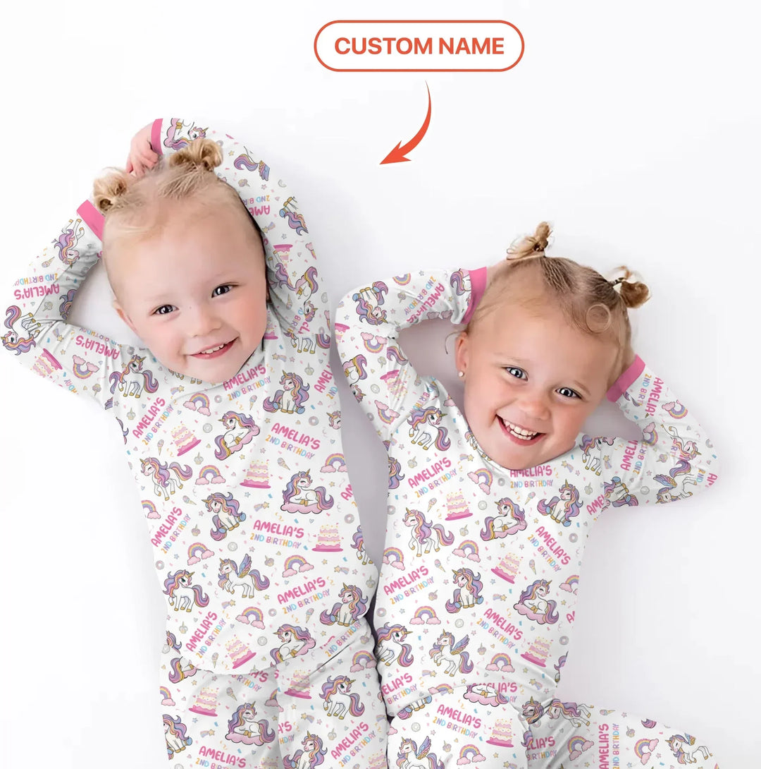 Custom Name Little Unicorn's Birthday Two Piece Long Sleeve Pajama Set