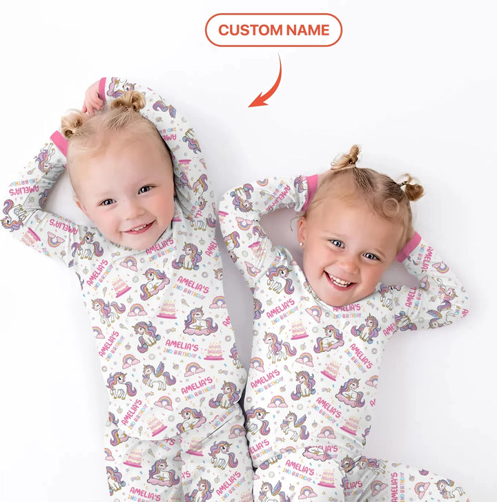 Custom Name Little Unicorn's Birthday Two Piece Long Sleeve Pajama Set