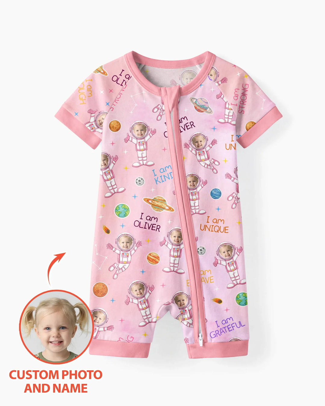 Custom Photo Kid Affirmations I Am Kind Astronaut Bamboo Shorty Zippy