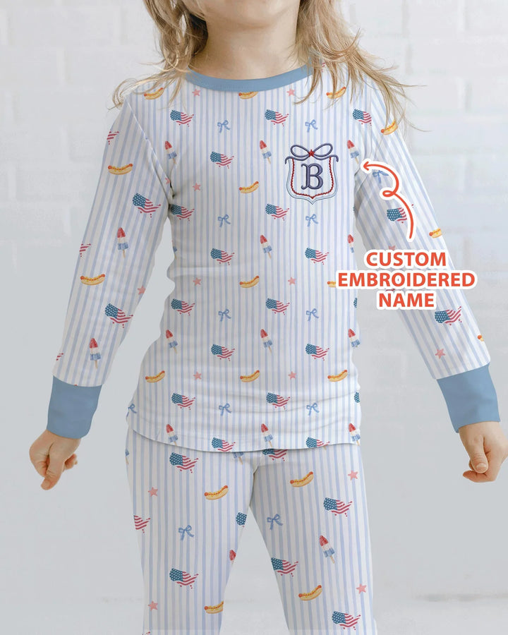 Personalized 4th Of July Embroidered Bamboo Two Piece Long Sleeve Pajama Set