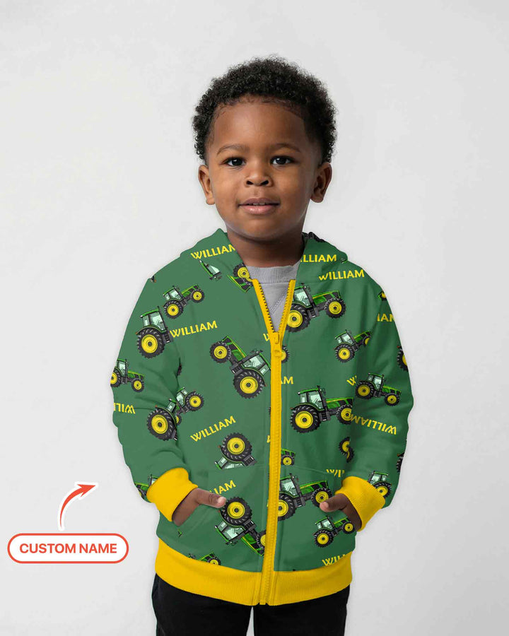 Custom Name Green Tractors Matching Daddy & Me Bamboo Zip Hoodie