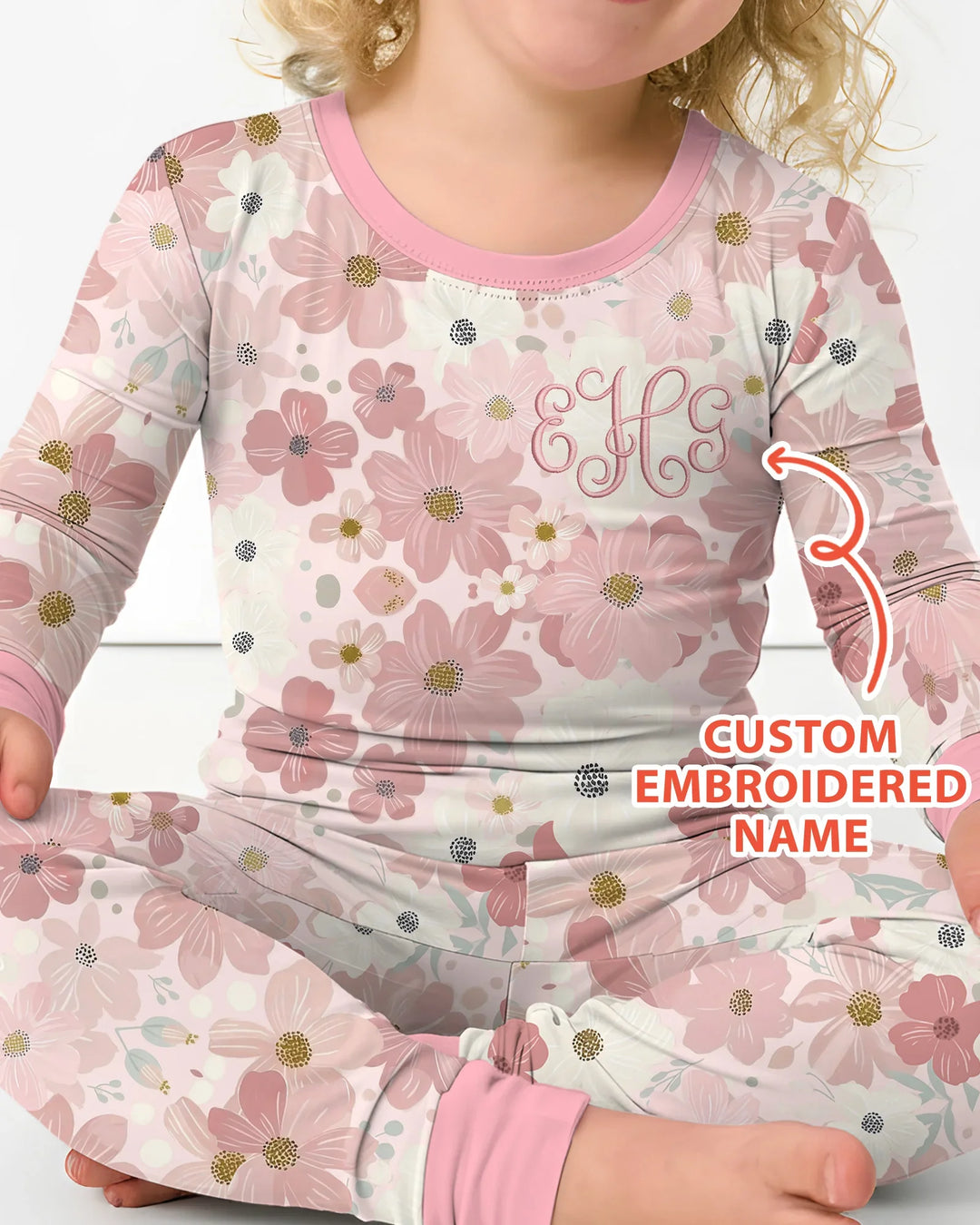 Pijama de dos piezas de manga larga de bambú floral con nombre bordado personalizado