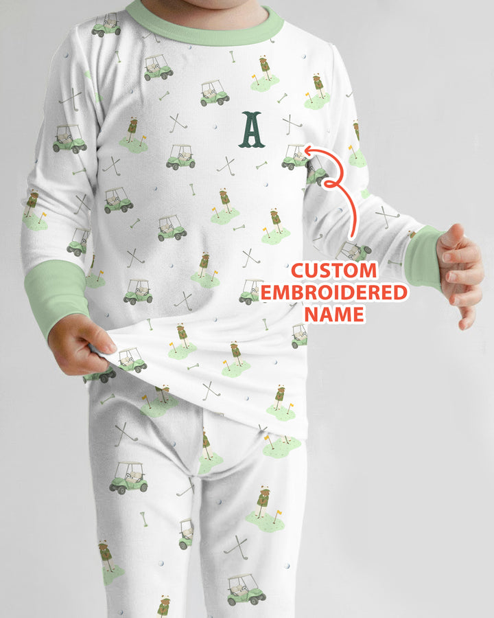 Custom Embroidered Name Monogram Letter Golf Two Piece Long Sleeve Pajama Set