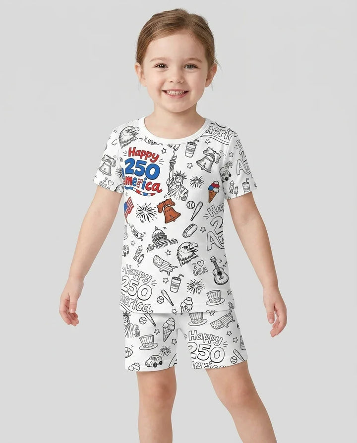 All Colorable Happy 250 America I love USA Bamboo Two Piece Short Sleeve Shorts Pajama Set